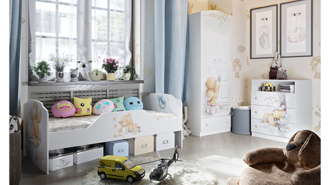 Набор детской мебели «Тедди» №2 (Белый с рисунком) модульная, столы, шкафы, кровати