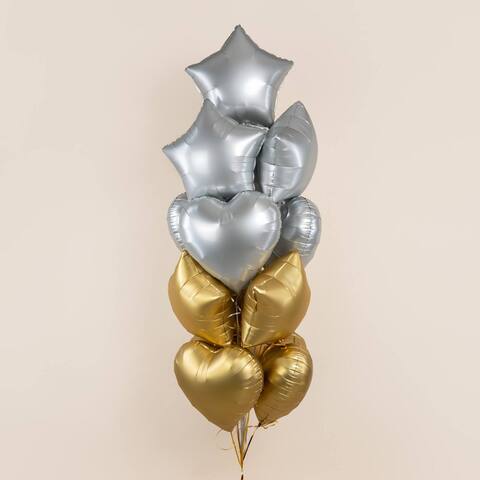 Связка гелиевых шаров Строгий хром серебро и золото