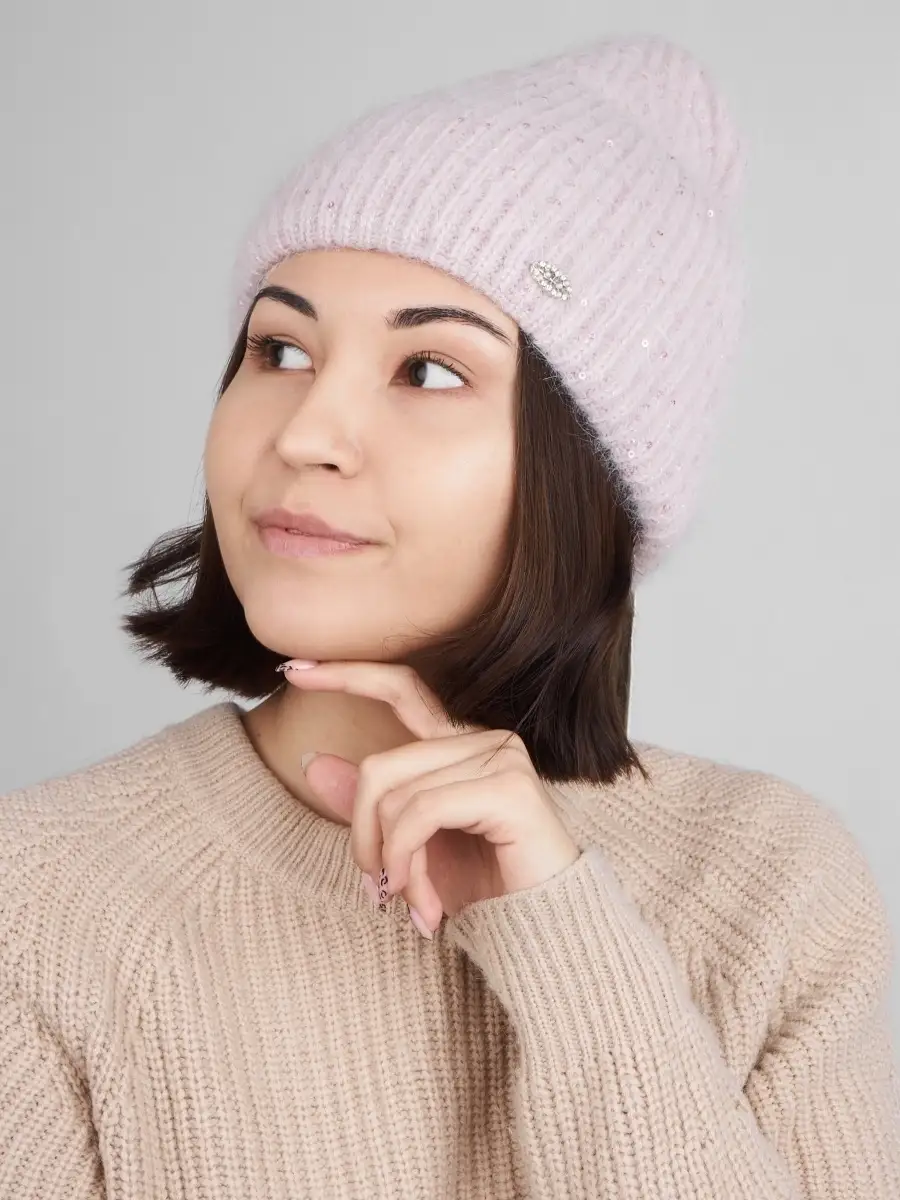 Шапка женская зимняя из ангоры вязаная шерстяная с отворотом двойная пудровая розовая с пайетками