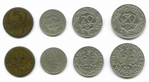 Набор из 4 монет Польши (5, 10, 20 и 50 грошей) 1923 г. F-VF, XF