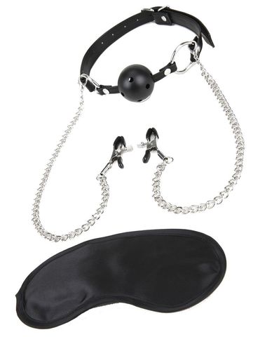 Чёрный кляп-шар с зажимами для сосков - Lux Fetish LF1807