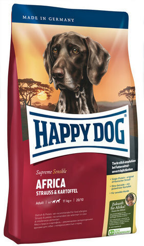 купить Happy Dog Supreme Sensible Adult Africa сухой корм для взрослых собак весом от 11 кг, склонных к пищевым аллергиям и собак с чувствительным пищеварением