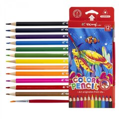 Карандаши цветные акварельные Yalong 12 цв., "Аквариум" деревянные, трехгранные, заточенные, кисть, грифель 3.0 мм, картон. уп., европодвес