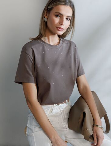 Нарядная футболка с принтом стразами из премиального хлопка с эластаном  D49.124 (129073)