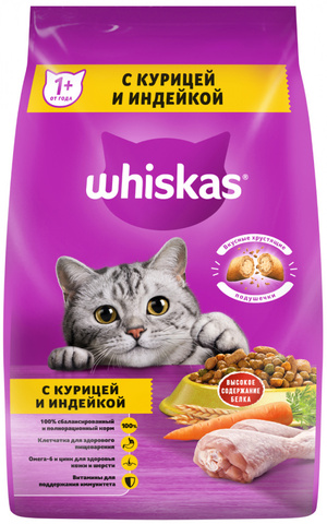 Whiskas Подушечки/ паштет КУРИЦА/ ИНДЕЙКА, сухой (1,9 кг)