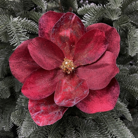 Цветок магнолия на клипсе 20см ChristmasDeLuxe бордовая/золотая