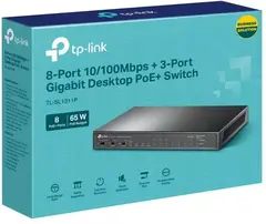 TP-Link TL-SL1311P, Настольный коммутатор, 8 портов 10/100 Мбит/с с поддержкой PoE+, 2 гигабитных порта без поддержки PoE, 1 порт SFP, 802.3af/at, бюджет PoE — 65 Вт, стальной корпус