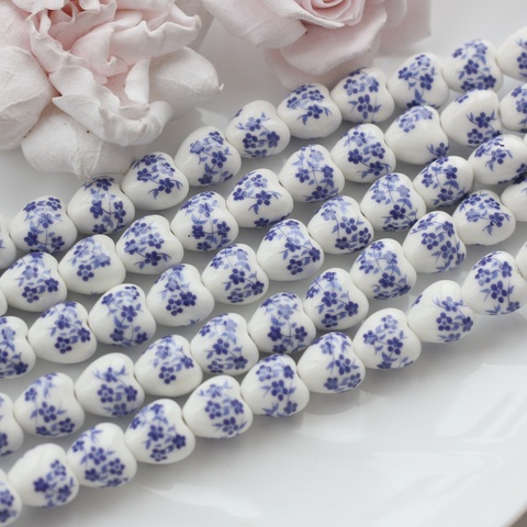 Бусина Сердце, керамика, белая с синей росписью, 12 мм, 1 шт, Ф044