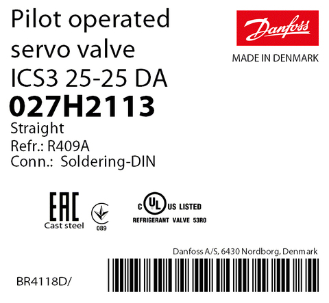 Пилотный клапан ICS3 25-25 Danfoss 027H2113 под пайку
