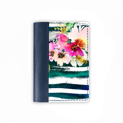 Обложка на паспорт комбинированная "Полосатый принт с цветами", синяя