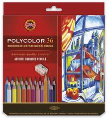 Набор художественных цветных карандашей POLYCOLOR 36 цветов, 2 штуки чернографитных карандаша 1500 и точилка в картонной коробке