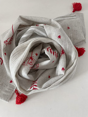 Шарф льняной комби. со штампами и кисточками 