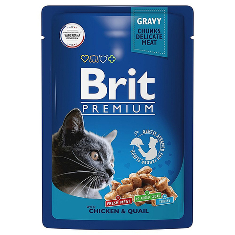 Влажный корм Brit Premium с цыпленком и перепелкой в соусе, для взрослых кошек, 85 г.