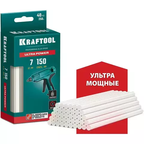 KRAFTOOL Ultra Power 7х150 мм, 40 шт, Ультрамощные клеевые стержни прозрачные (06837-40)