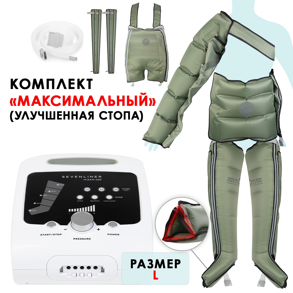 Аппарат для лимфодренажа WelbuTech HiZAM-220 – Максимальный комплект, размер L (треугольная стопа, хаки)