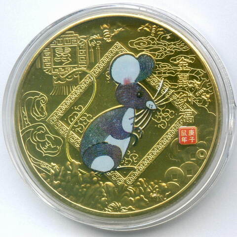 Год Крысы-мыши (золотая сувенирная монета 40 мм). Proof-like с цветной печатью в капсуле