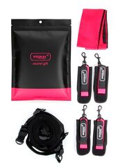 Черно-розовый эротический набор: фиксатор, оковы, наручники, повязка