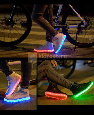 Светящиеся высокие кроссовки с USB зарядкой Fashion (Фэшн) на шнурках и липучках, цвет белый, светится вся подошва. Изображение 18 из 27.