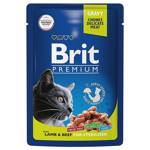 Влажный корм Brit Premium с ягненком и говядиной в соусе, для взрослых стерилизованных кошек, 85 г.