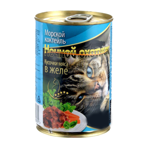 Ночной охотник Консервы для кошек морской коктейль кусочки в желе (Банка)