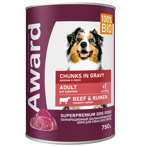 AWARD консервы для взрослых собак кусочки с говядиной и рубцом в соусе 750г
