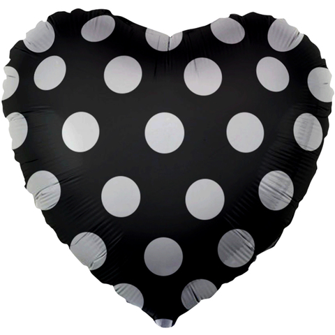 Шар Сердце Черное, Белые точки, 46 см
