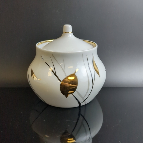 Сахарница фарфоровая "Золотая осень", деколь, золочение, Дулево ФЗ, винтаж СССР 1970-1991 гг