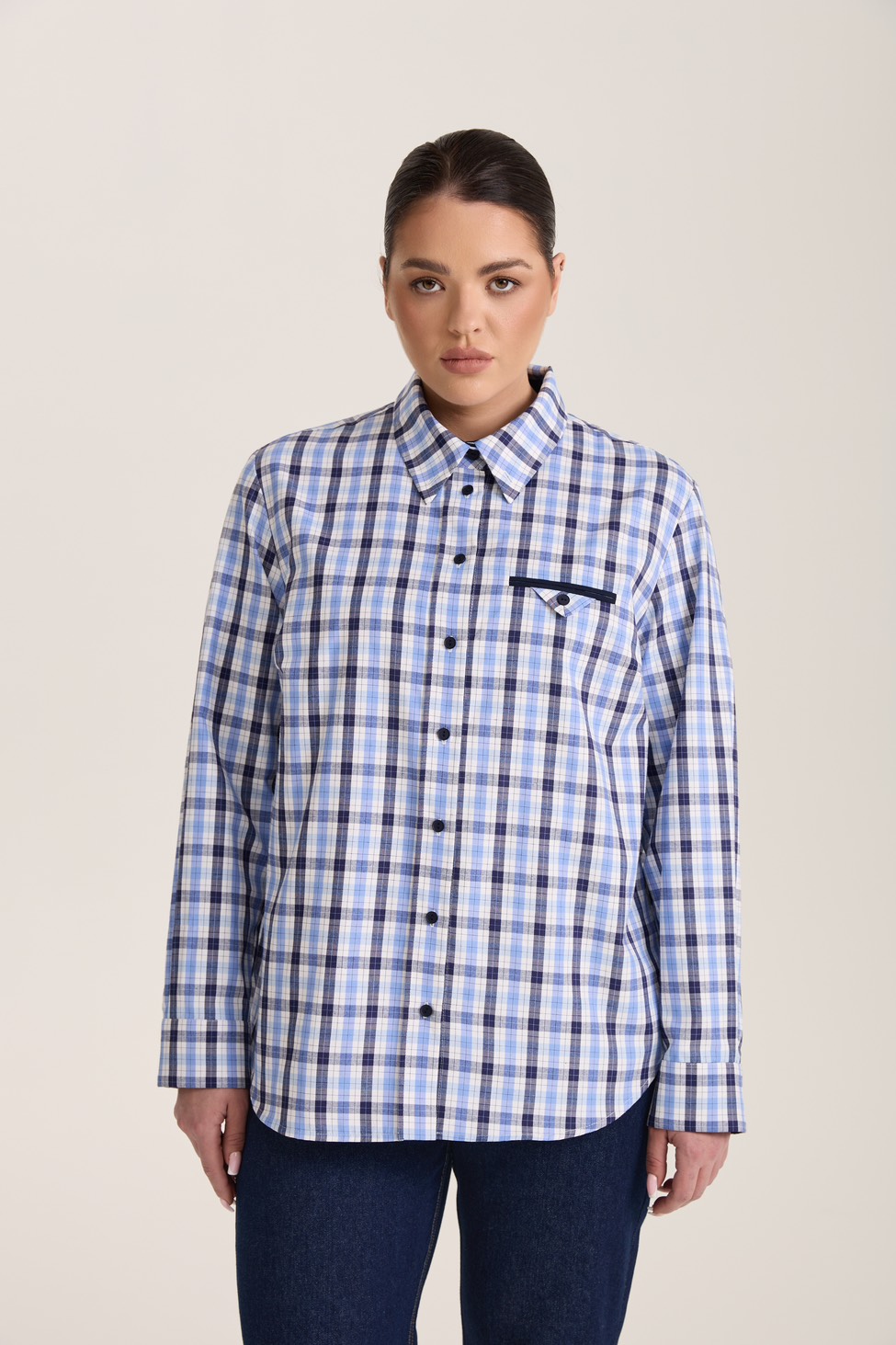 Рубашка с декоративным карманом в клетку, синий