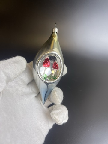 Ёлочная игрушка сосулька, капля, прожектор с рисунком мухоморы ,12 см, винтаж, стекло СССР 1950-1980 гг