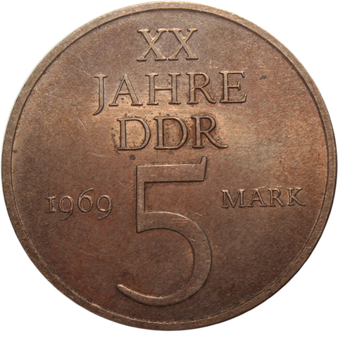 5 марок. 20 лет ГДР. (A). Германия-ГДР. Никелевая бронза. 1969 год. AU
