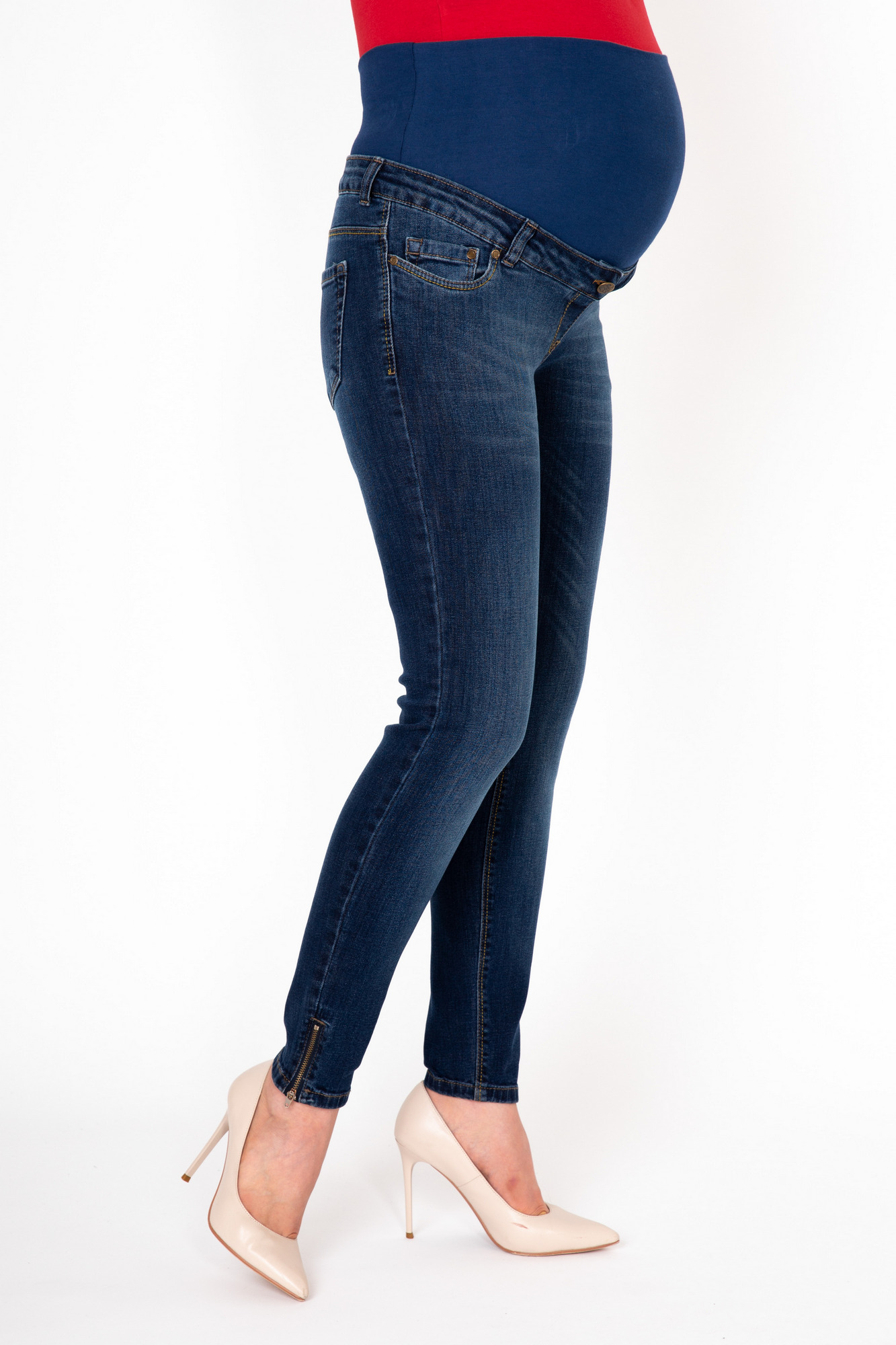 Фото джинсы-скинни для беременных MAMA`S FANTASY, средняя посадка. вставка, молнии по бокам снизу от магазина СкороМама, синий, размеры.