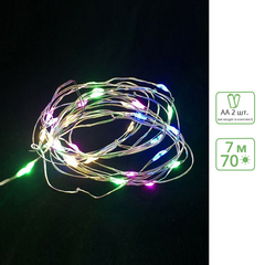 Светодиодная гирлянда, Роса, 70 Led разноцветный, медный светлый провод с контроллером, IP20, 7 м (от батареек АА)