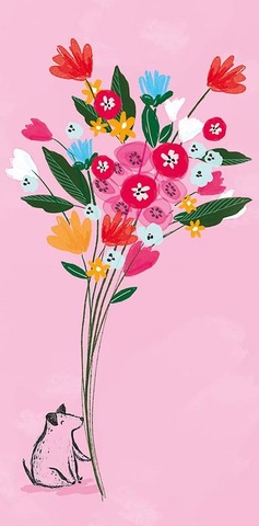 Открытка-конверт, Песик с цветами на розовым.