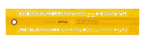 Трафарет Rotring латинские буквы 2.5/3.0/3.5/5.0/6.0 мм, пластик желтый/прозрачный