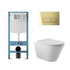 Aqueduto AQDS352T AQD комплект: TECNICA Novo Система инсталляции для подвесного унитаза, RETANGULO Novo Панель смыва, шлифованное золото, CONE Tornado Унитаз подвесной 525*360 безободковый, Tornado, сиденье с микролифтом, белый глянцевый фото