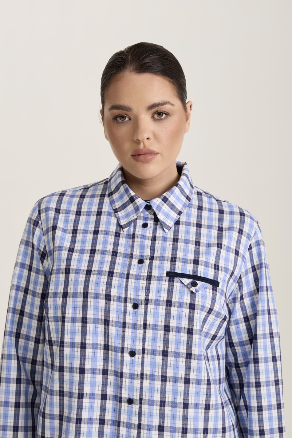 Рубашка с декоративным карманом в клетку, синий
