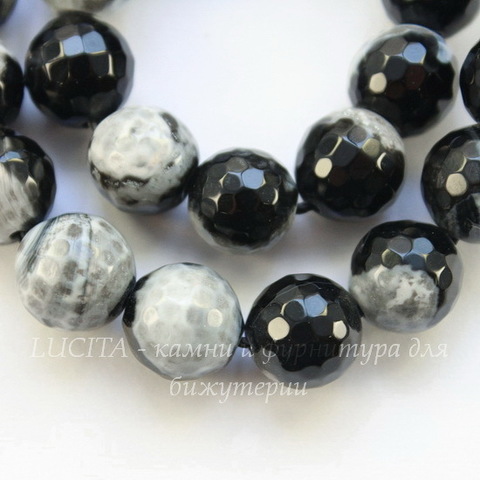 Бусина Агат (тониров) шарик с огранкой цвет - черный с белым, 10 мм, нить