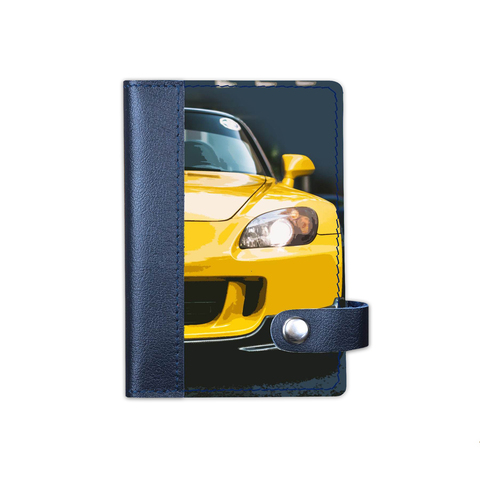 Обложка на автодокументы на кнопке комбинированная белая вставка "Желтый авто", синяя