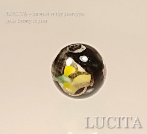 Бусина фарфоровая ручной работы, шарик ,"Цветы на черном фоне", 10 мм ()