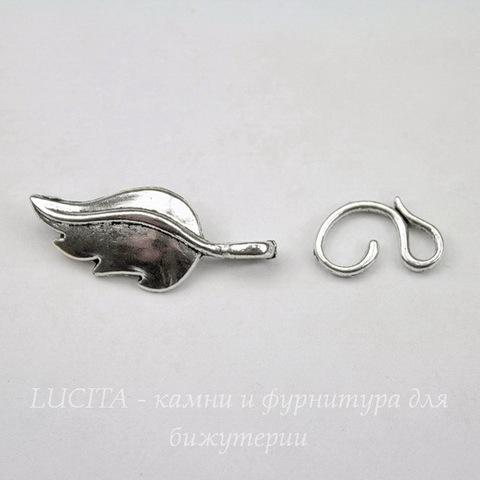 Замок - крючок из 2х частей "Листик" 30х13 мм, 15х10 мм (цвет - античное серебро)
