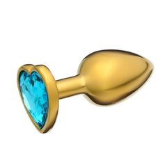 Золотистая анальная пробка с голубым кристаллом в форме сердца - 7 см. - 