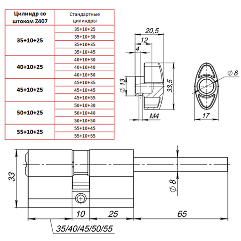 Цилиндровый механизм со штоком Z407/70 mm (35+10+25) CP хром 5 кл.