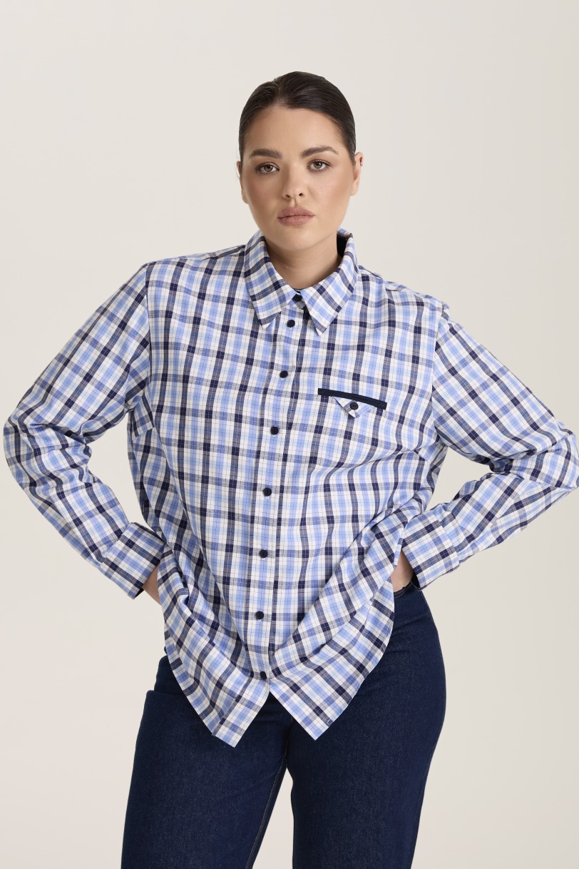 Рубашка с декоративным карманом в клетку, синий