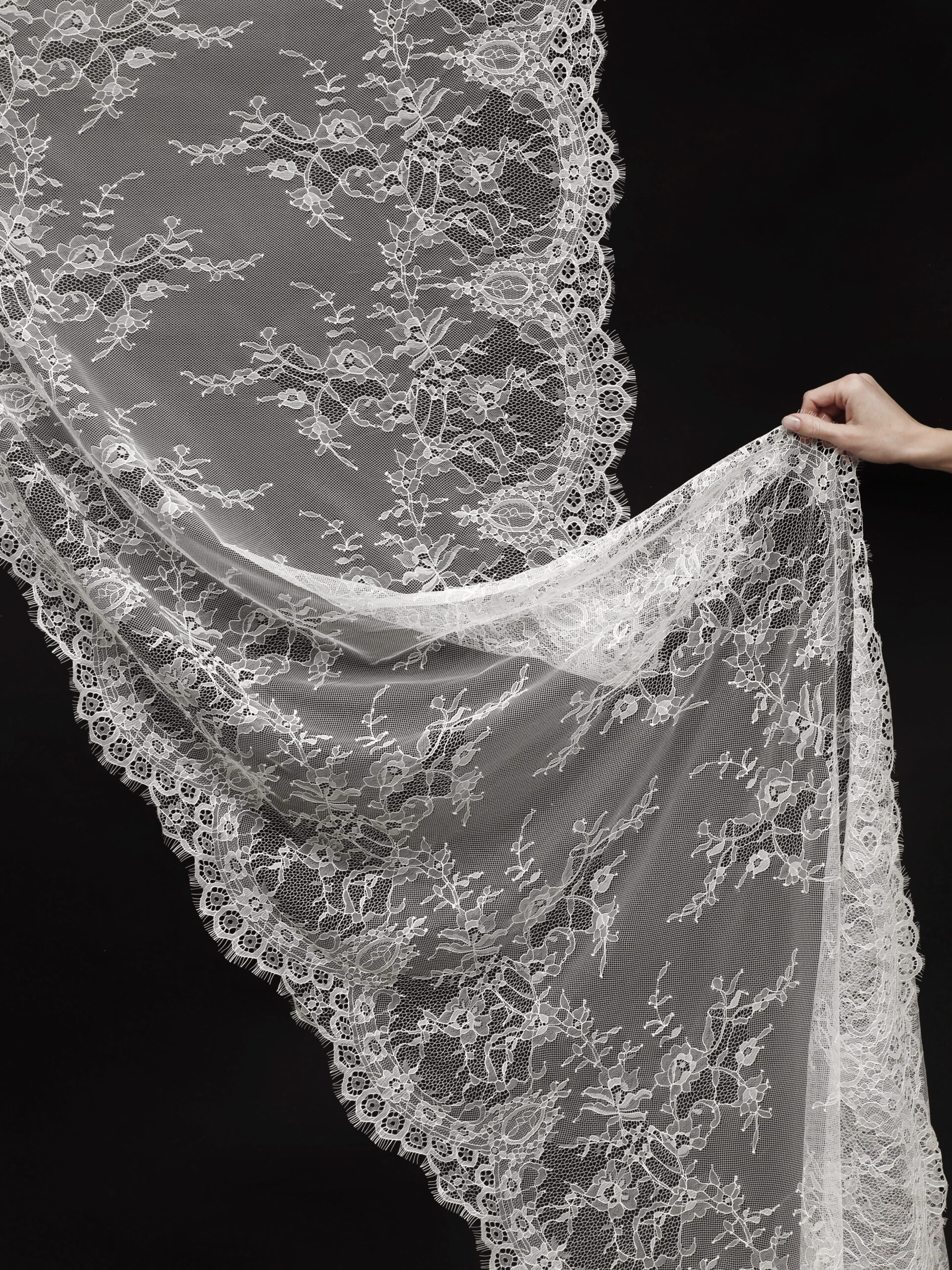 Кружево шантильи теплое белое неэластичное ширина 70 см купон 2.9 м