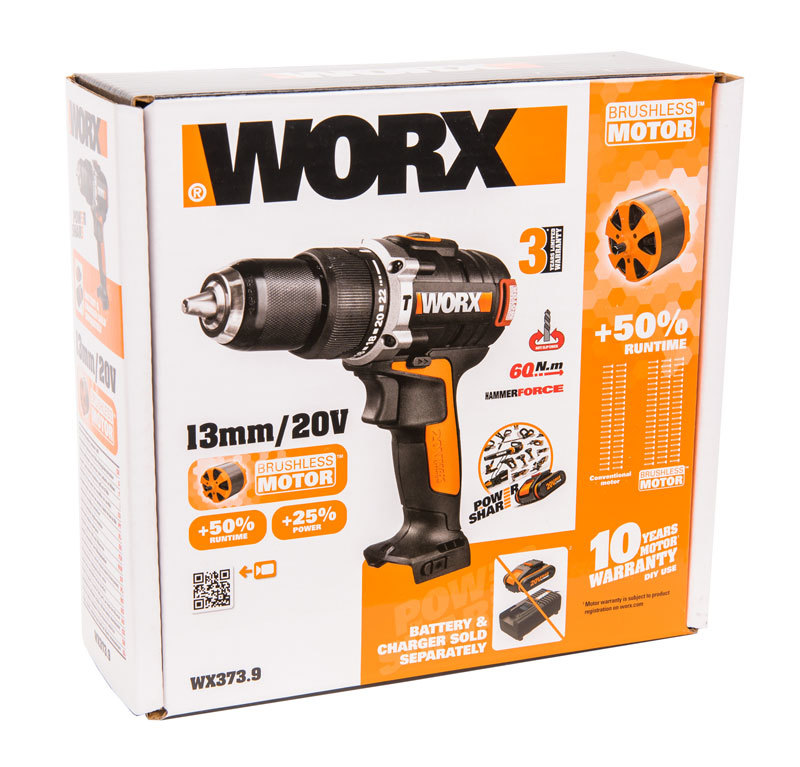 Дрель-шуруповерт ударная аккумуляторная WORX WX373.9, 20В, бесщеточная, без АКБ и ЗУ