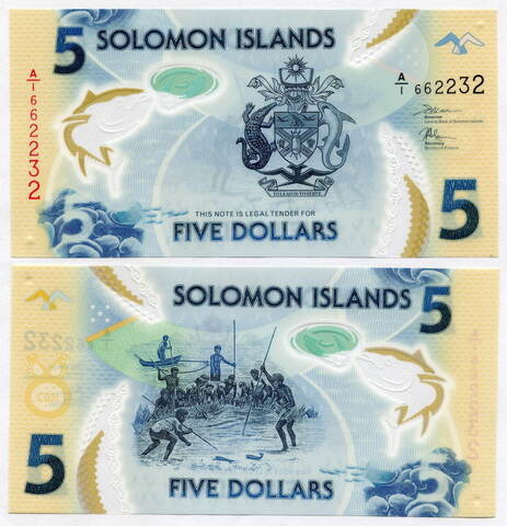 Памятная банкнота Соломоновы Острова 5 долларов 2019 год. Всемирный день тунца. UNC (пластик)