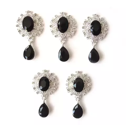 Кабошоны ювелирные со стразами и подвеской капля, черный в серебряной оправе, набор 5 шт.