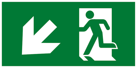 Современный комбинированный эвакуационный знак Е33 – Направление к эвакуационному выходу налево вниз