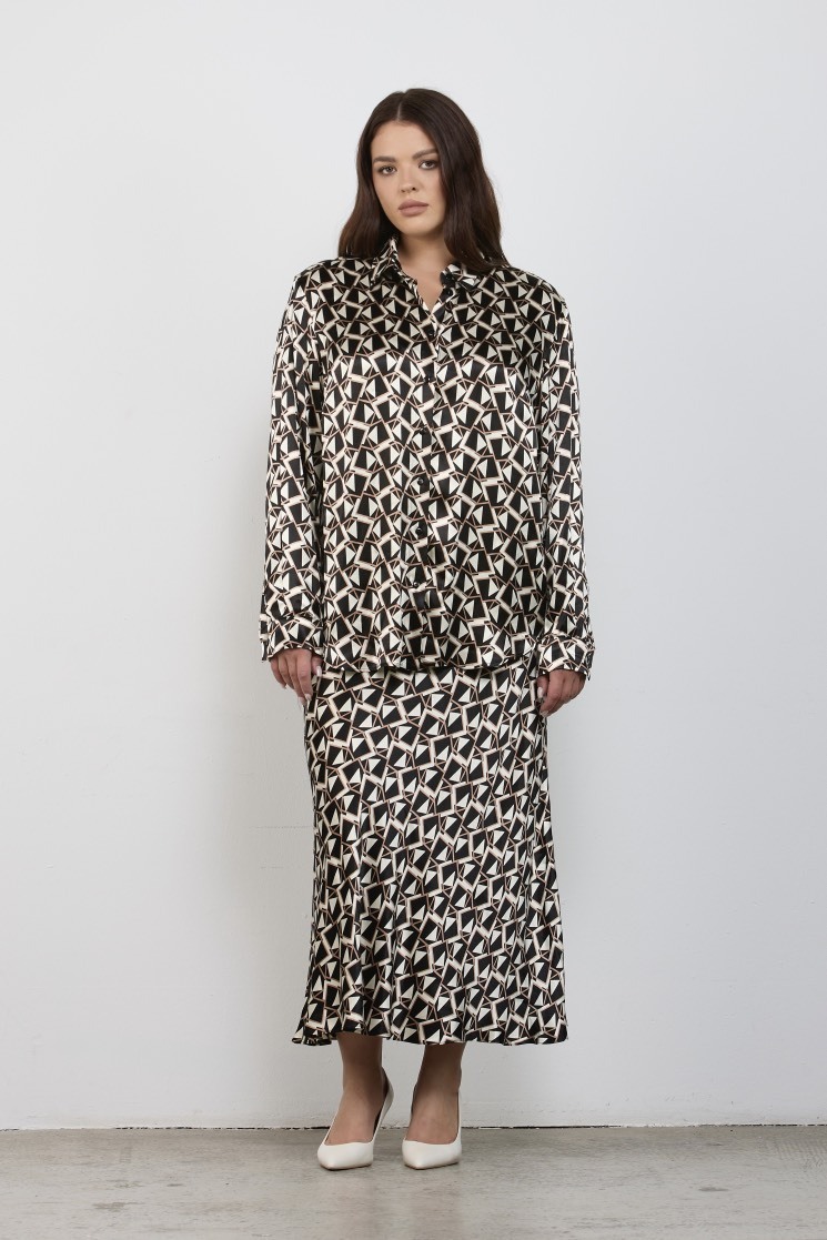 Блузка из вискозы, геометричный принт, коричневый