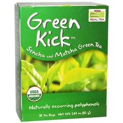 Now Foods, Настоящий чай, Green Kick, зеленый чай сенча и матча, 24 чайных пакетика, 1.44 унций (41 г)